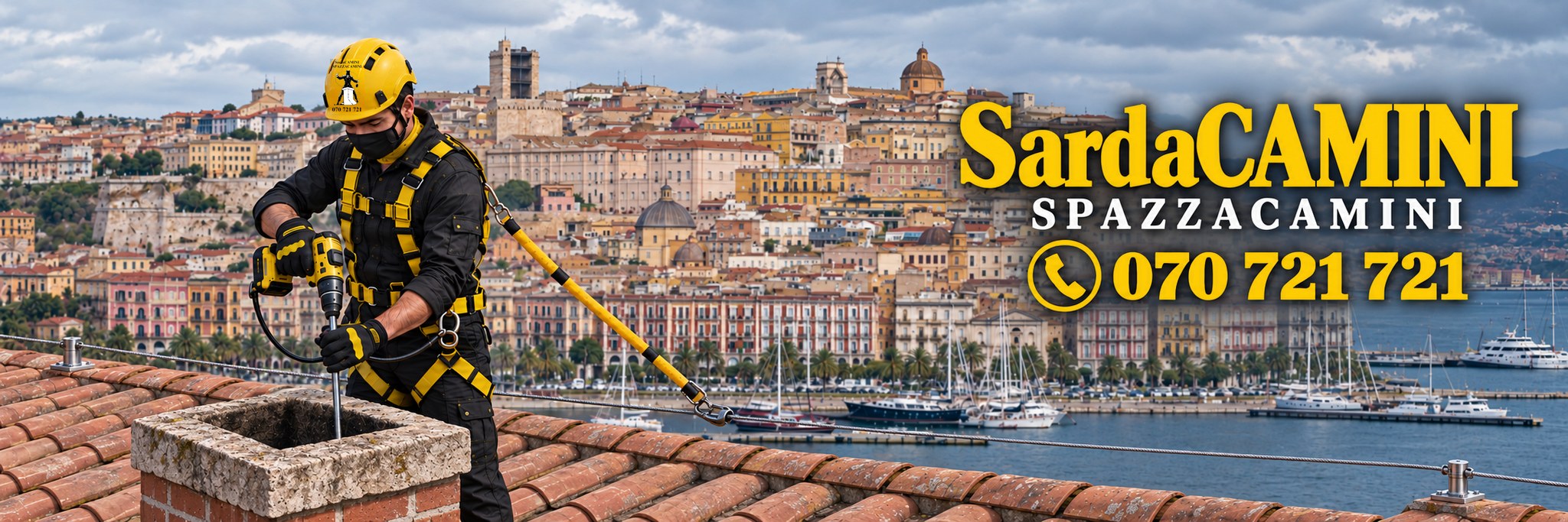 SardaCAMINI SPAZZACAMINI, 070 721 721: spazzacamino al lavoro su un tetto con vista su Cagliari