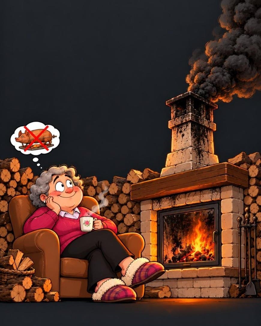 Caricatura: signora in poltrona davanti al caminetto con il comignolo che fa fumo nero
