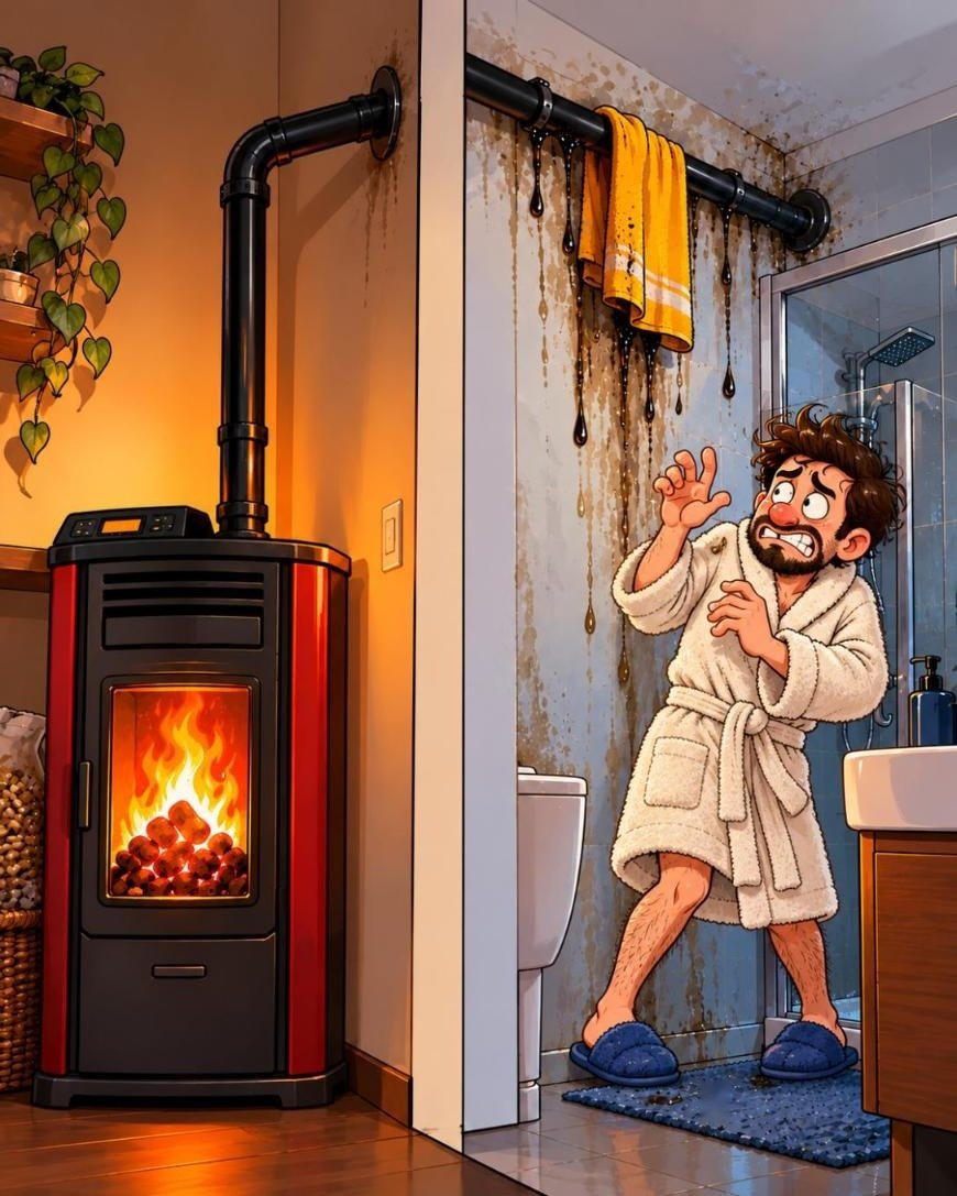 Caricatura: tubo della stufa a pellet che attraversa il bagno con colature di condensa