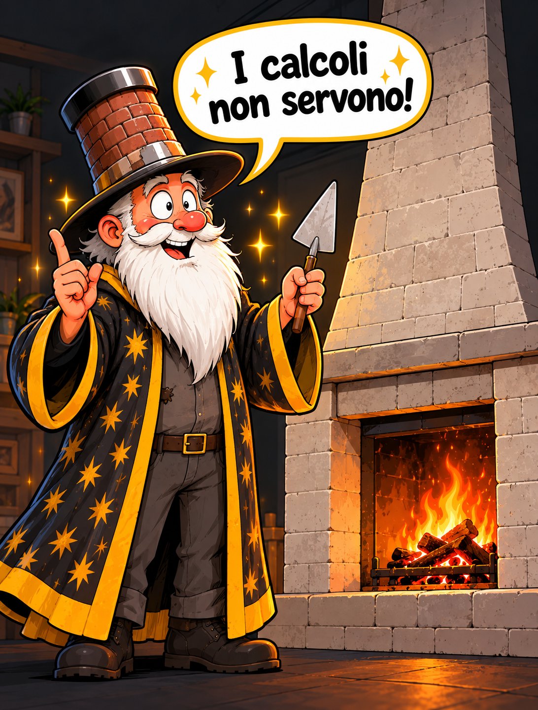Caricatura: il mago del paese con il cappello a forma di comignolo
