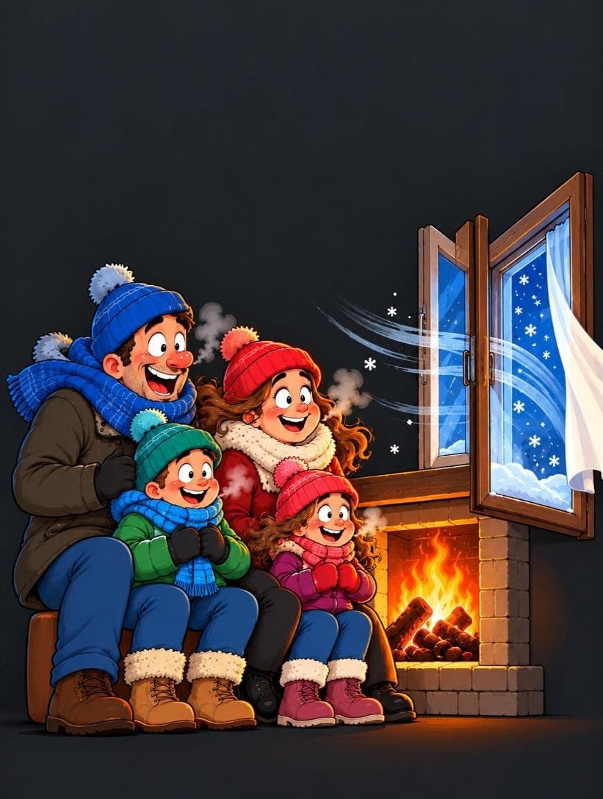 Caricatura: famiglia infreddolita davanti al camino con la finestra aperta