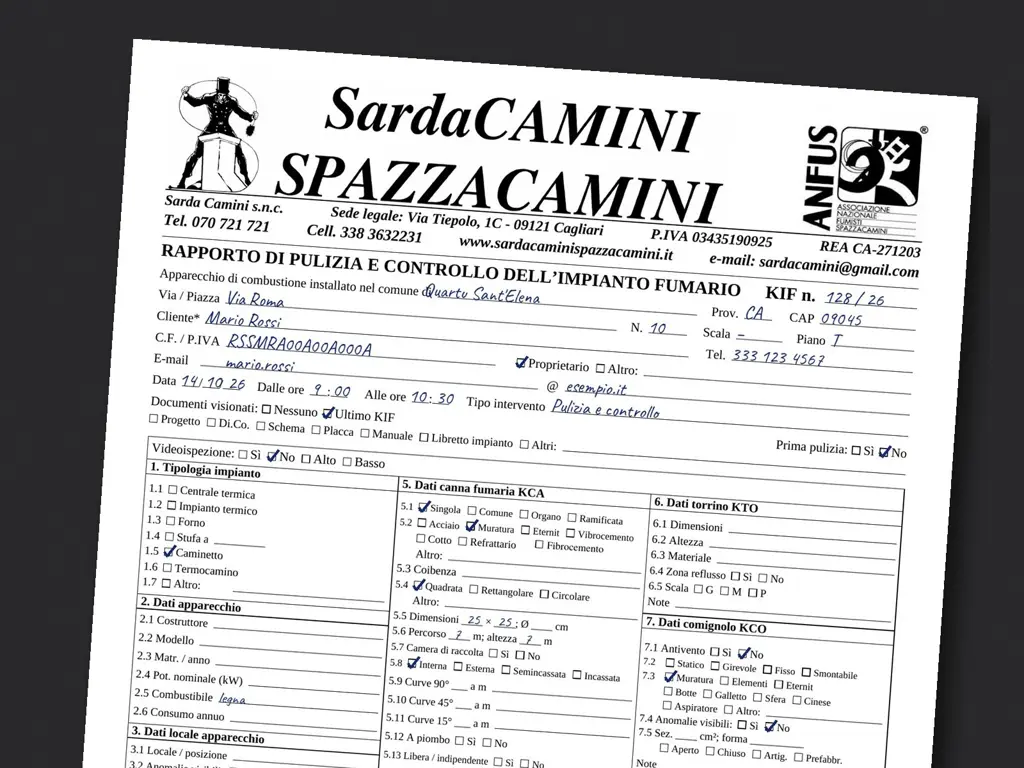 Esempio di rapporto di pulizia e controllo SardaCAMINI compilato
