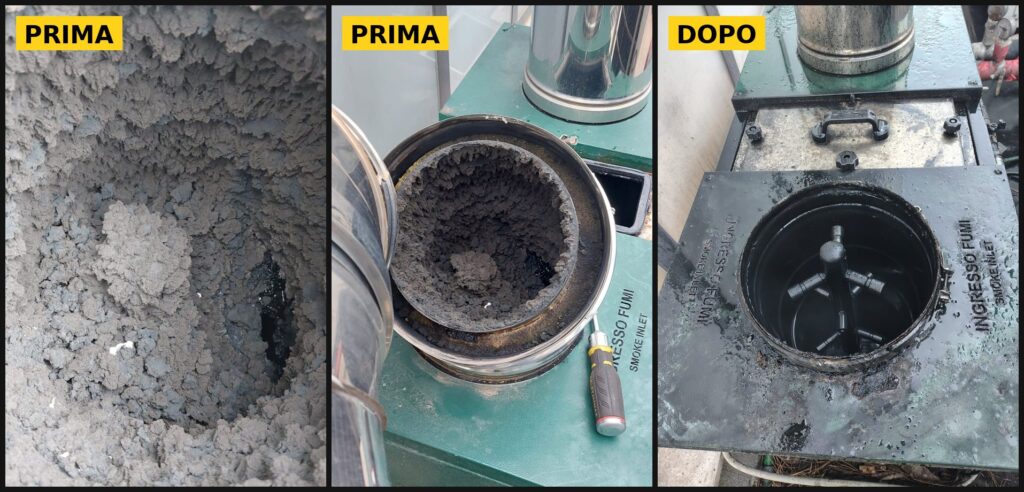 Tubo del forno di un panificio pieno di fuliggine prima dell’abbattitore e abbattitore di fuliggine pulito dopo l’intervento